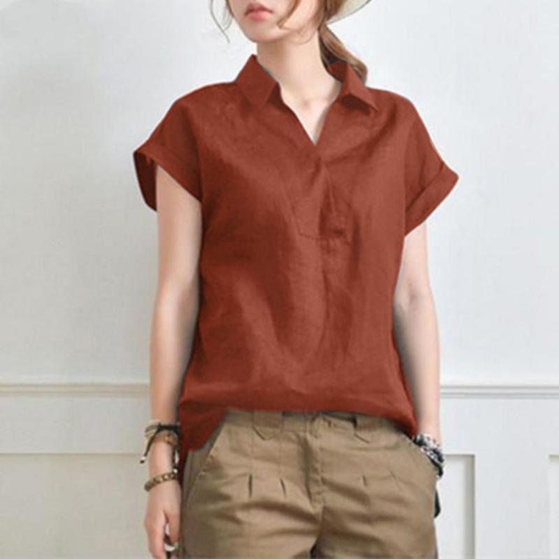 

Women's Blouses & Shirts Blouse Women Vintage Short Sleeve Shirt V Neck Lady Breathable Plus Size Turn-down Collar Top Roupas FemininasWomen, Khaki