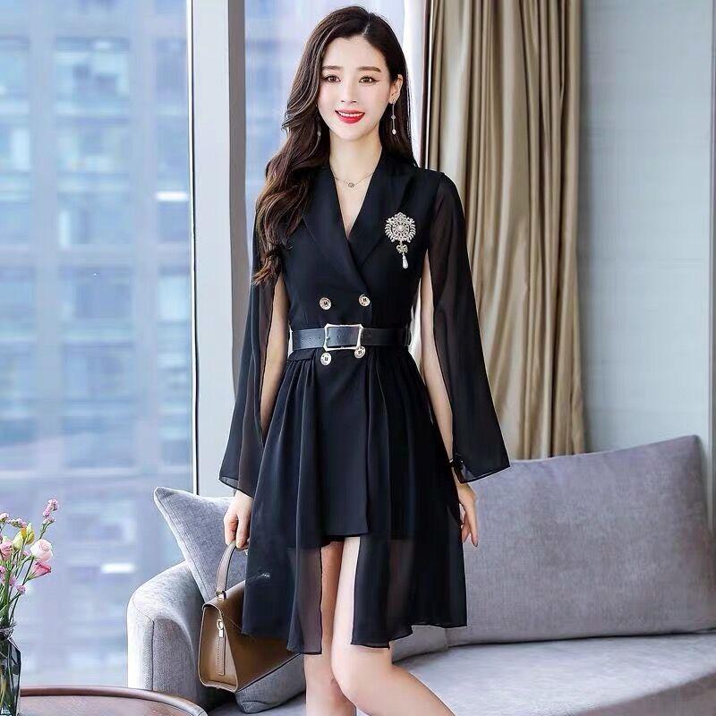 

Women' Suits & Blazers High-end Shawl Cloak Dress Female Spring Autumn Women Clothing Korean Waist Double-breasted Black White Blazer Dress, Blouse