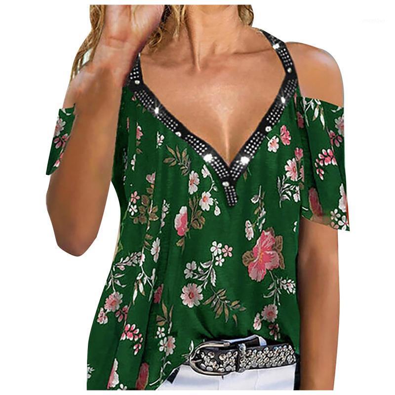 

Women' Blouses & Shirts Cold Shoulder Tops Plus Size Clothes Blusas Mujer Summer Fashion Loose Type Strapless Print V-neck Short-sleeved Sh, Green