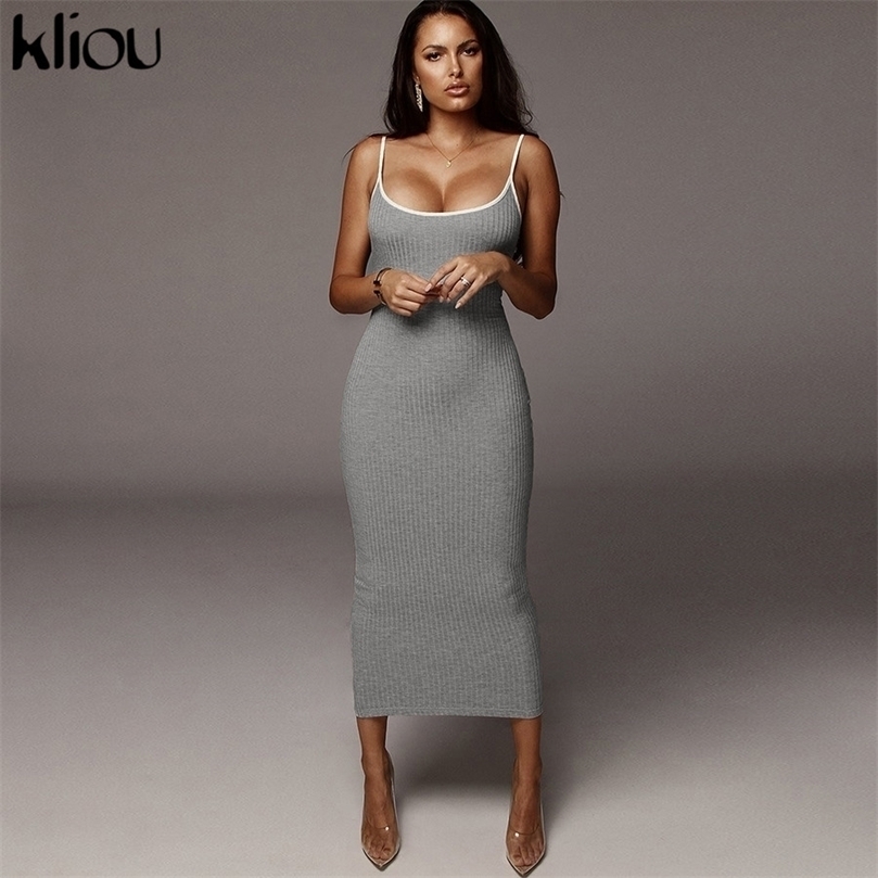 

Kliou strap backless sexy bodycon midi long dress women high waist cotton striped dresses elegant fashion party clothes 220402, Gray