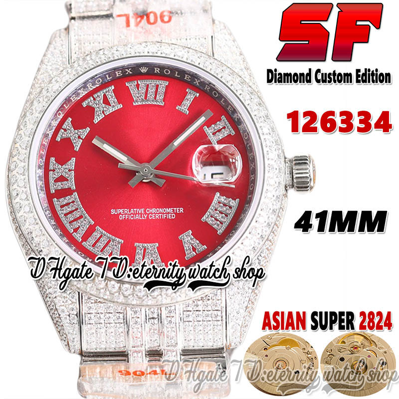 

SF Latest ew126334 A2824 Automatic Mens Watch tw126333 bl126331 Diamond inlay Roman Red Dial 904L Steel Iced Out Diamonds Bracelet Super Edition eternity Watches, Watch waterproof cost