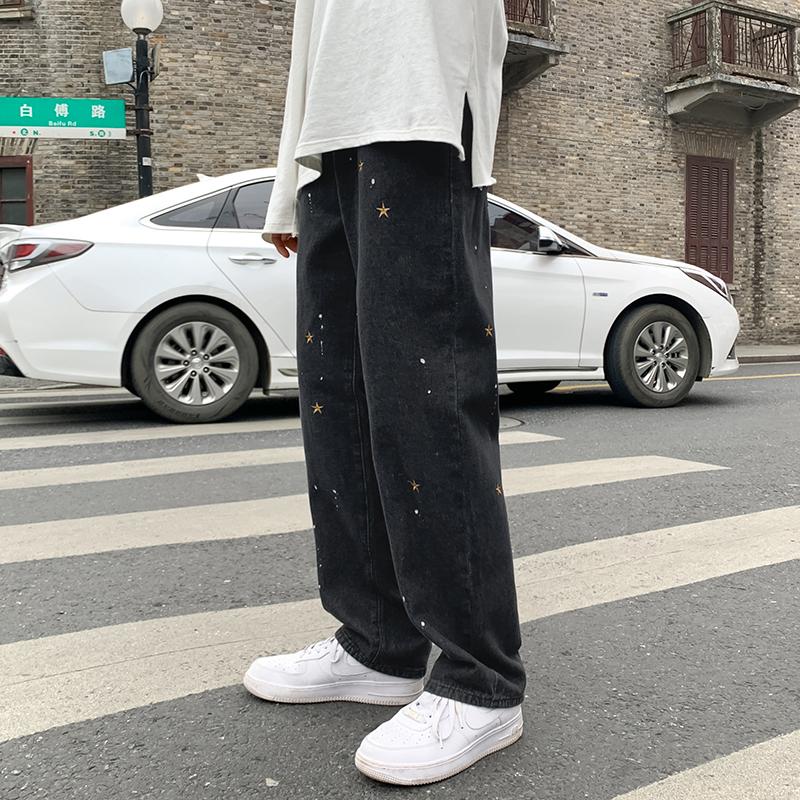 

Men' Jeans Star Embroidery Black Men' Fashion Brand Straight Tube Loose Hiphop Fried Street Pants Over Size Wide Leg 2022