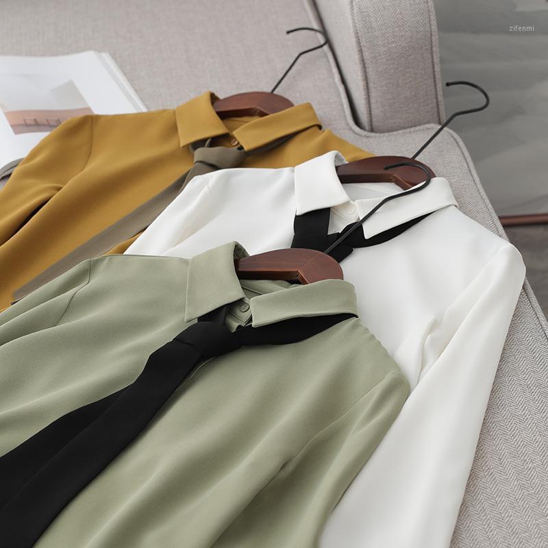

Women' Blouses & Shirts 2022 Spring Women Solid Chiffon Blouse With Tie Full Sleeve Office Lady Elegant White Shirt Autumn Breathable Basic, Green