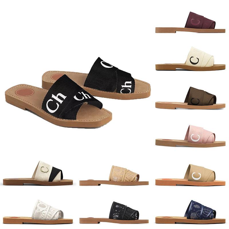 cheaper women slides sandals designer slippers sandales Woody flat mule in canvas White Black soft pink sail navy blue summer sandal fashion beach s