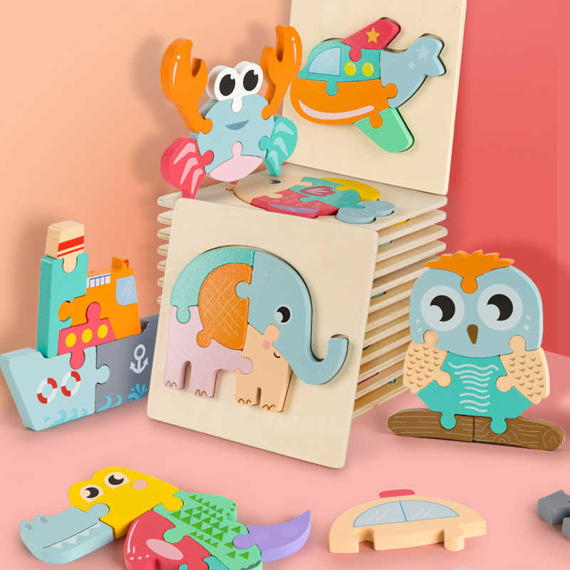 Wholesale Baby 3D Wooden Puzzle Educational Toys 10 pcs 15*15 cm model Early Cognition Kids Cartoon Grasp Intelligence Game-image-762667487