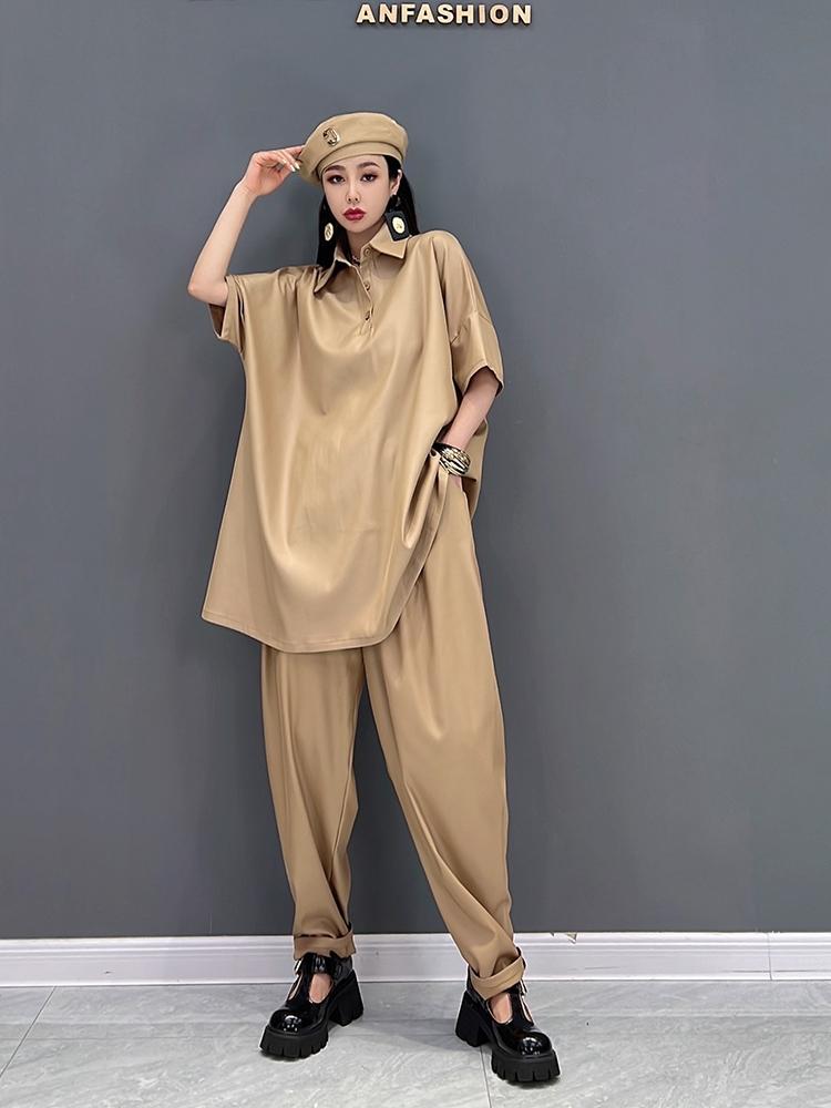 

Women' Two Piece Pants SuperAen 2022 Summer Fashion Casual Solid Turn Down Collar Shirt Radish Loose Pieces SetWomen, Black