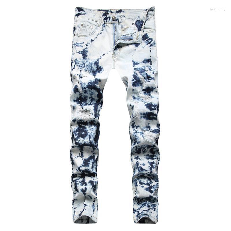 

Men's Jeans Men Tie Dye Holes Ripped Denim Streetwear Slim Straight Pants Snow Washed Light Blue TrousersMen's Heat22