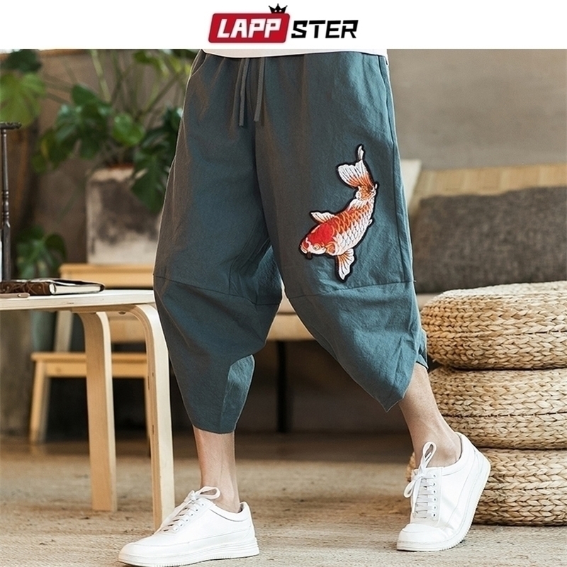 

LAPPSTER Cotton Linen Harem Pants Summer Harajuku Track Pants Fish Embroidery Joggers Korean Fashion Casual Trousers 5XL 201109, Black