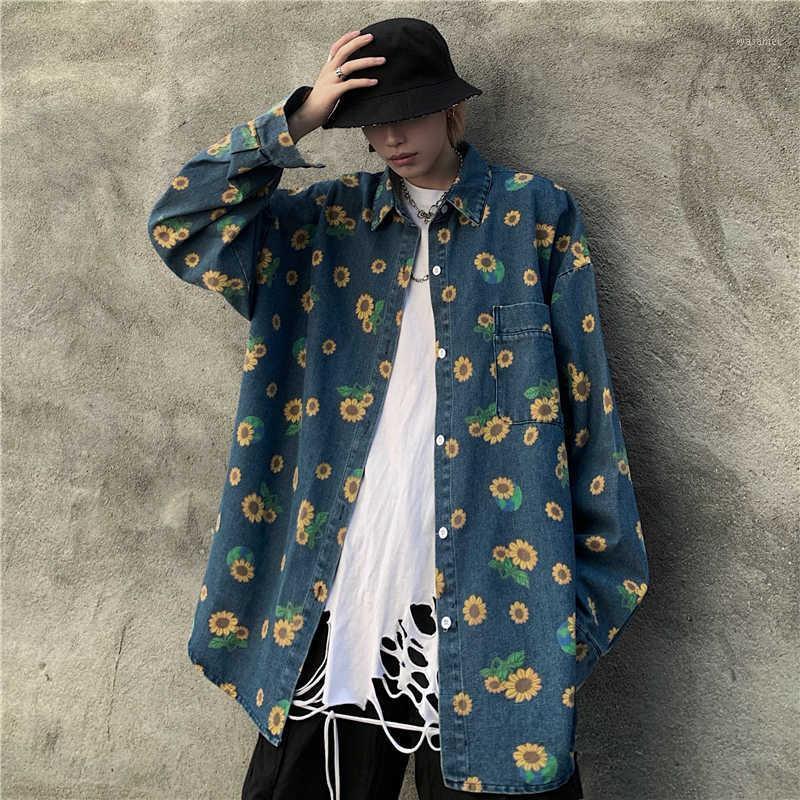 

Men's Casual Shirts Ins High Street Dark Tide Brand Full Print Daisy Old Denim Shirt Hong Kong Style Loose Long Sleeve For Men And Women 202, As pic