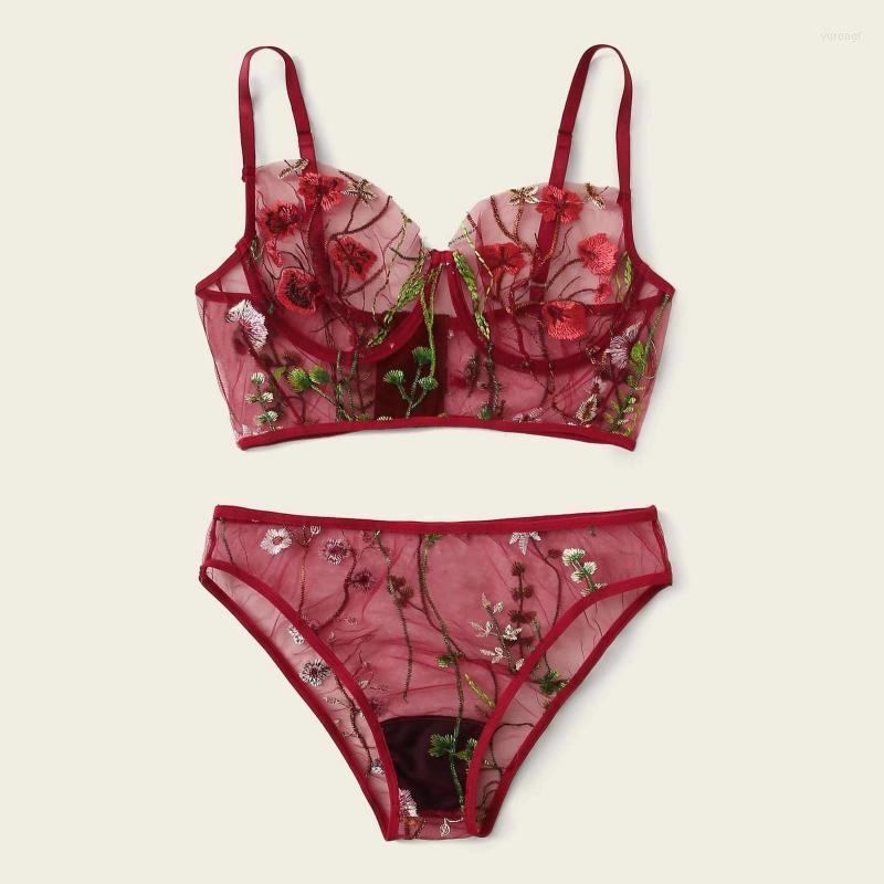 

Bras Sets Flower Leaves Embroidery Lingerie Set Women Sexy Nightwear Transparent Mesh Bra Panties Exotic Underwear Bielizna Damska, Red