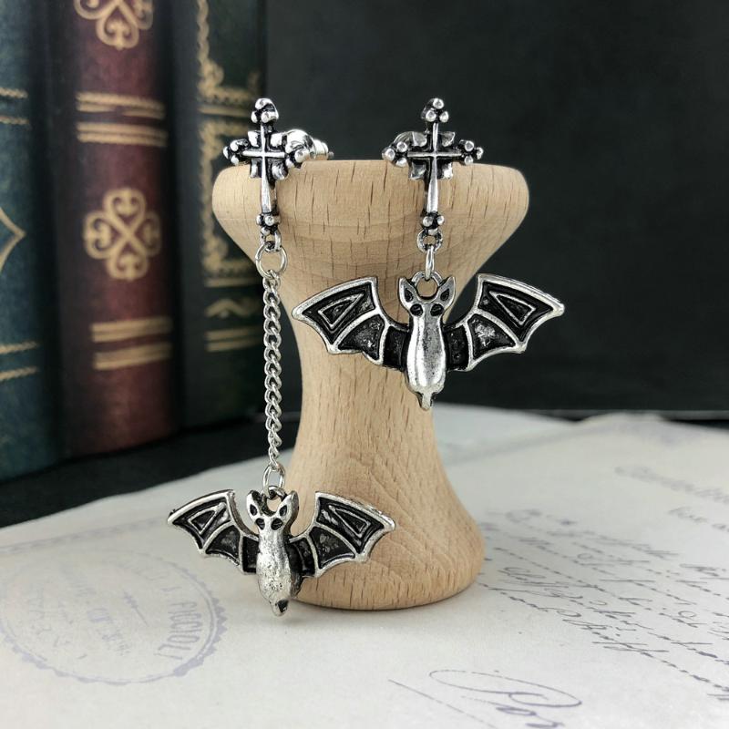 

Dangle & Chandelier Halloween Goth Earring For Women Bat Asymmetric Cross Earrings Ancient Style Dark Punk Silver Color Fashion JewelryDangl