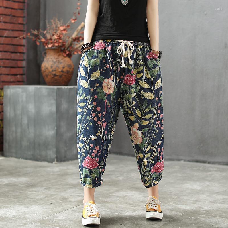 

Women's Jeans Johnature Women Retro Print Elastic Waist Denim Lace Up Harem Pants 2022 Autumn Loose Leisure All-match Calf-length PantsWomen, Multi