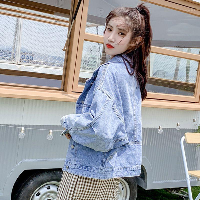 

Women' Jackets Fashion Women Solid Color Denim Jacket Blue Bat Long Sleeve Jeans Loose Casual Button Coat