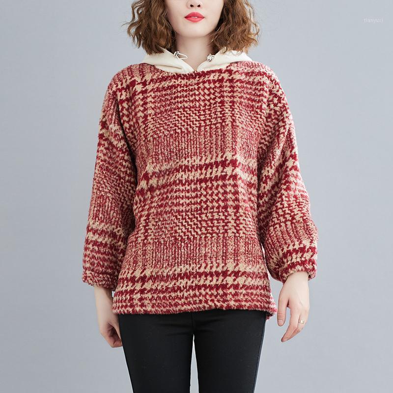 

Woolen Hooded Pullover Hoodies Women Autumn And Winter Korean Style Casual Loose Plaid Sweatshirts Long Sleeve Coats 2022 Women's &, Black