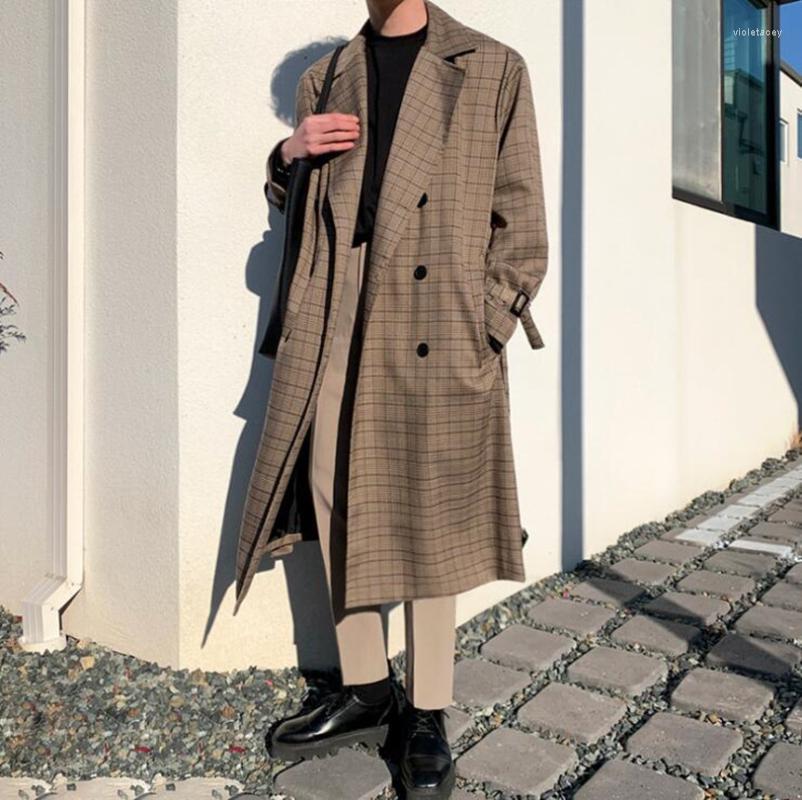 

Men's Trench Coats Korean Style Men Plaid Long Double Breasted Belted Oversize Loose Duster Coat Outerwear With Storm FlapsMen's Viol22, Khaki