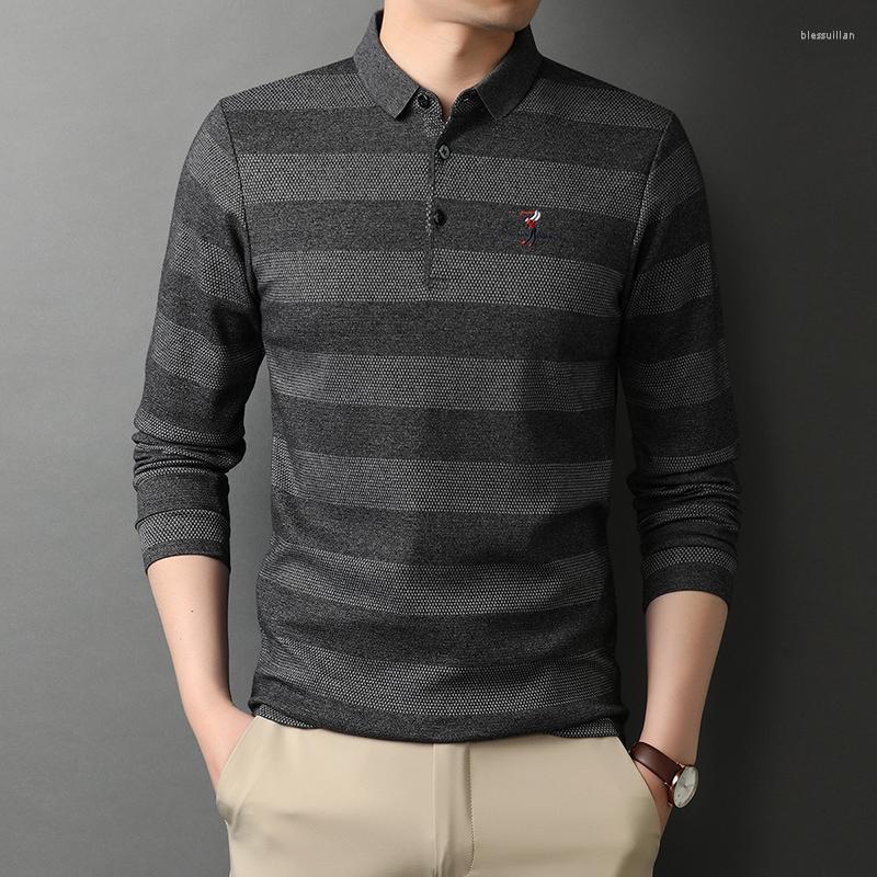 

Men's Polos High End Men's Fashion Brand Striped Designer Embroidery Casual Turn Down Collar Long Sleeve Shirts Tops Male ClothingMen's, Blue