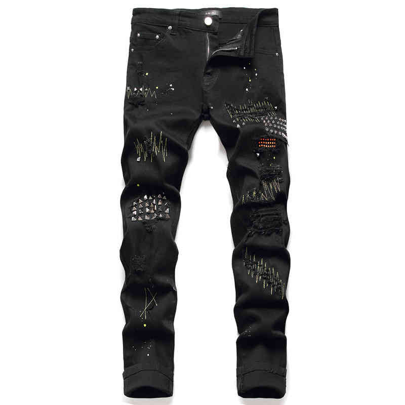 

Yihaifa am fashion jeans men's slim Leggings elastic black hole patch bead pants