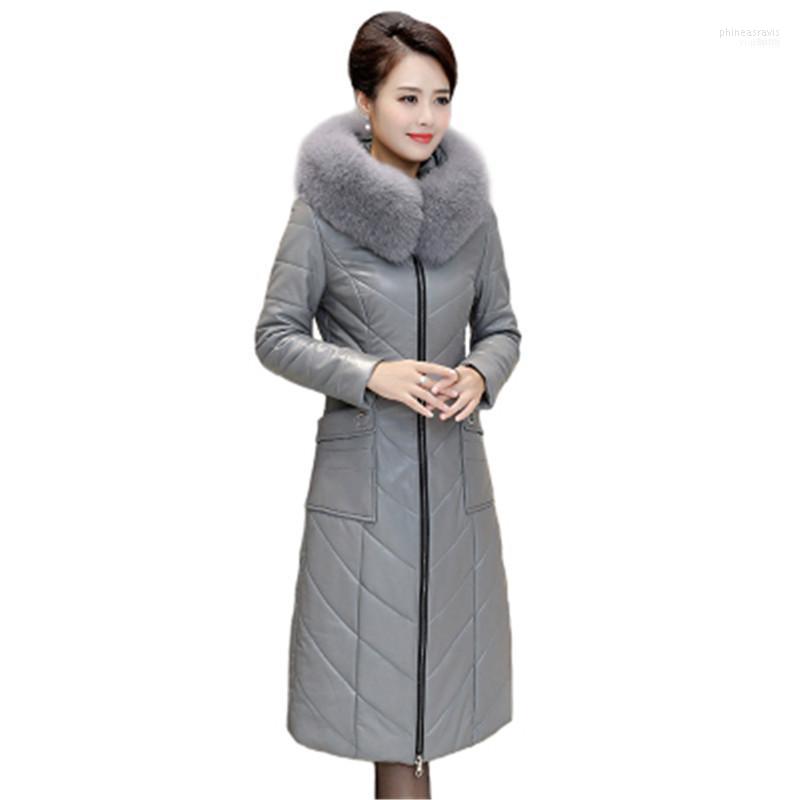 

Women's Down & Parkas Leather Jacket Female Long Coat Winter Thick Fur Collar Hooded Plus Size Over-the-knee Sheepskin G13351 Phin22, Armygreen 2