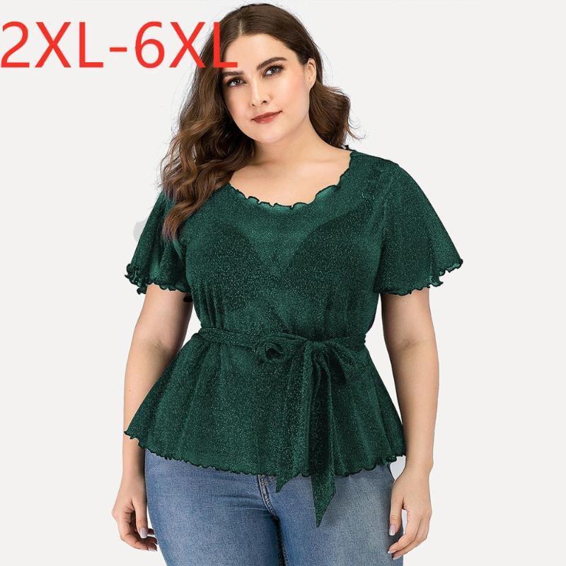 

Summer Plus Size Tops For Women Large Blouse Short Sleeve Loose Casual Thin Sexy Green Shirt Belt Blue 3XL  5XL 6XL Women's Blouses & Shi