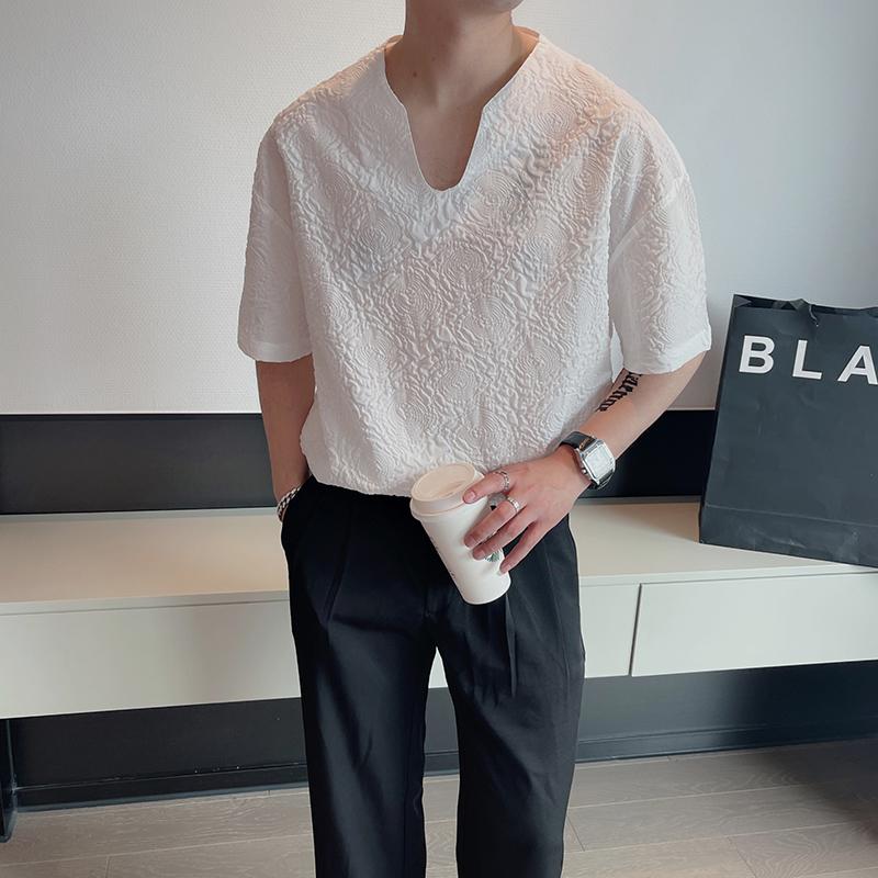 

Men's T-Shirts Light Luxury V Neck Men Summer Short Sleeve Vintage Jacquard T Shirt High Quality Loose Casual Tee Tops ClothingMen's, White