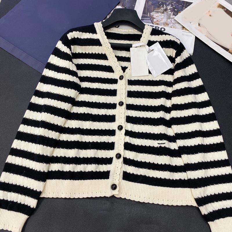 

Women's Knits & Tees Fashion Striped Hollow Out Knitted Wool Cardigan For Women High End Quality Wave Cut Edge V-Neck Long Sleeve Elegant To, As pic