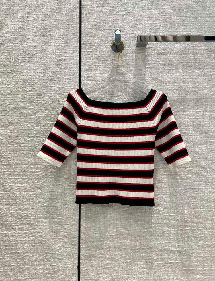 

Women' T-Shirt High-end Knitted Striped Tshirts For Women Fashion Casual Summer T-shirts 2022 Top Quality Square Collar Short Sleeve Tops T