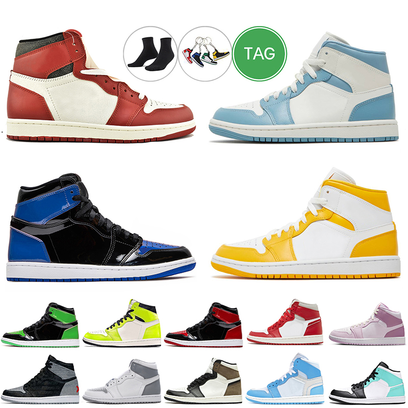 

Chicago Reimagined 1s Basketball Shoes Jumpman 1 Mid University Blue Tropical Twist Patent Bred Visionaire Dark Mocha Stealth UNC Sneakers Trainers Size 36-47, F15 stealth 36-47