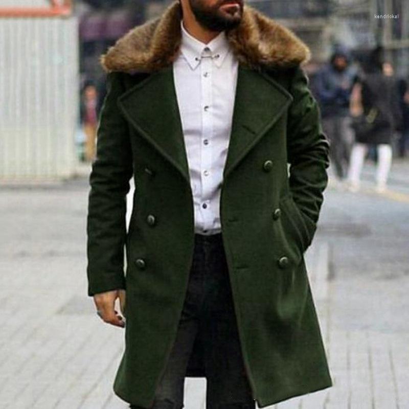 

Men' Wool & Blends Coats Fashion Fur Collar Long Sleeve Coat Double-breasted Woolen Overcoat Men Trench Ropa De Invierno Kend22, Green