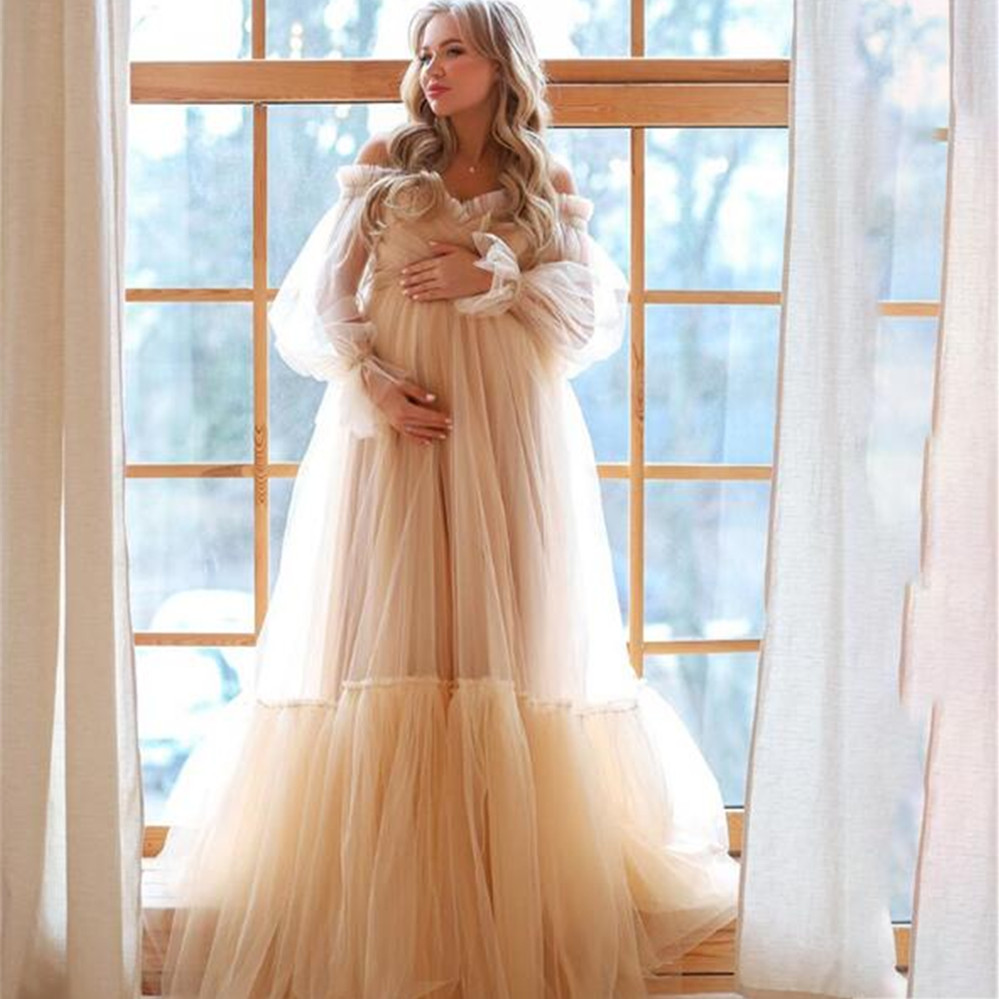 

Romantic Pregnancy Photoshoot Wraps Dress Babyshower Off the Shoulder Long Sleeve Champagne Maternity Gown for Photography Women Dress, Grape