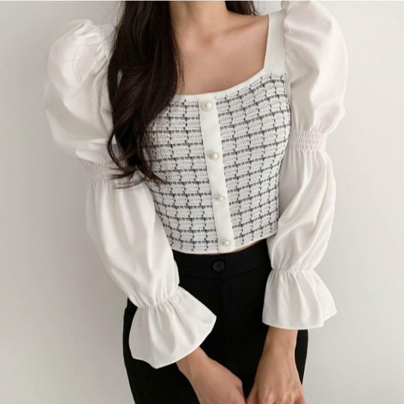 

Women's Blouses & Shirts Korean Chic Sweet Peral Buttons Pullover Blouse Square Collar Puff Sleeve Slim Crop Tops Fall 2022 Stylish Vintage, Black