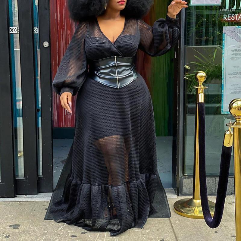 

Plus Size Dresses 4XL 5XL Women Sexy Party Dress Black Mesh V Neck See Through Long Sleeve African Two Piece Big Siwng Maxi 2022 Echm22