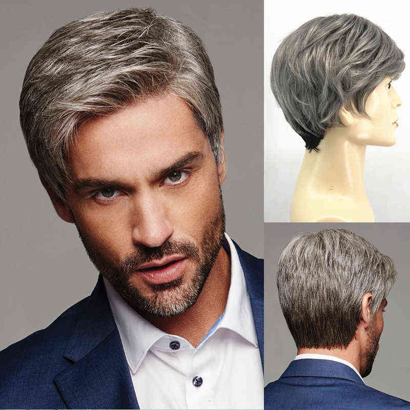 

AIMISI Men's Synthetic Wig Gray Short Hair Man Cosplay Hairstyle Toupee Good Gifts for Daddy Replacement Wigs, Picture color