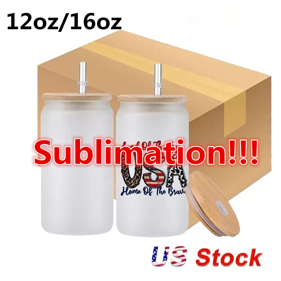 

US Stock 12oz 16oz Sublimation Glass Beer Tumblers with Bamboo Lid Straw DIY Frosted Clear Drinking Utensil Coffee Milk Beer Juice Cold Mugs Drinkware DHL Delivery