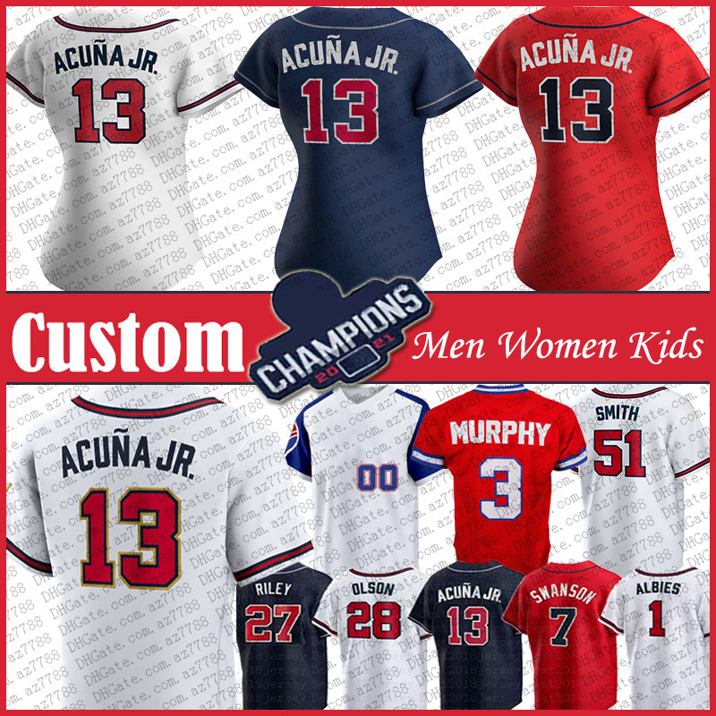 

13 Ronald Acuna Jr. 28 Matt Olson Atlanta Baseball Jersey Braves Custom Men Women Kids Dale Murphy Dansby Swanson Ozzie Albies Freddie Freeman Eddie Rosario Will Smith, Shown