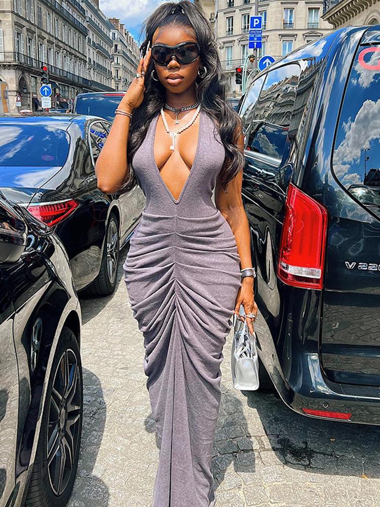 

Casual Dresses Backless Maxi For Women Sexy Deep V-neck Halter Bodycon Dress Club Party Outfits FeamleCasual, Gray