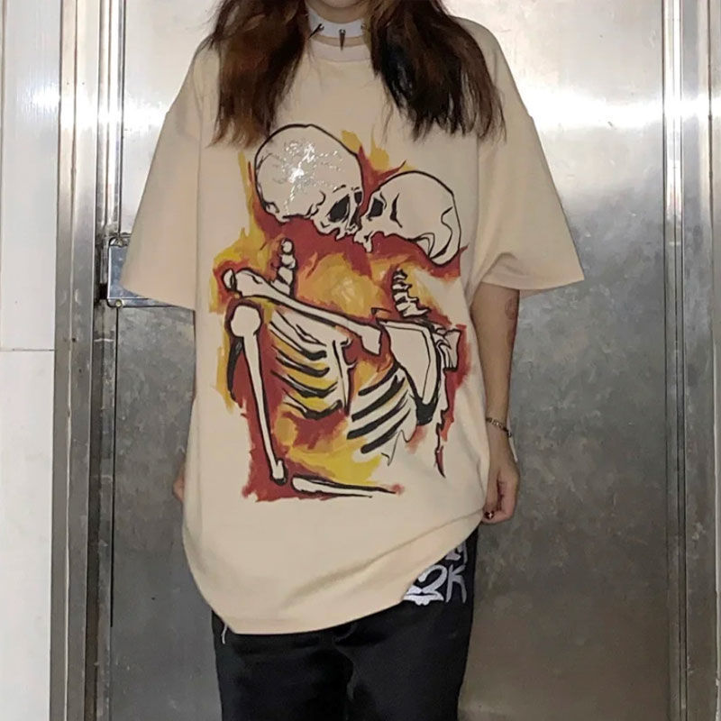 

Goth Black Letter Skull Oversized T Shirt Women Flame Tshirt Summer Casual Loose Short Sleeve T Shirt Femme Plus Size Tops 220615, Sd