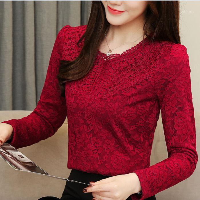 

Women's Blouses & Shirts Women Blouse Lace Top Plus Size Shirt Long-Sleeved T-shirt Blusas Ropa De Mujer, Wine red