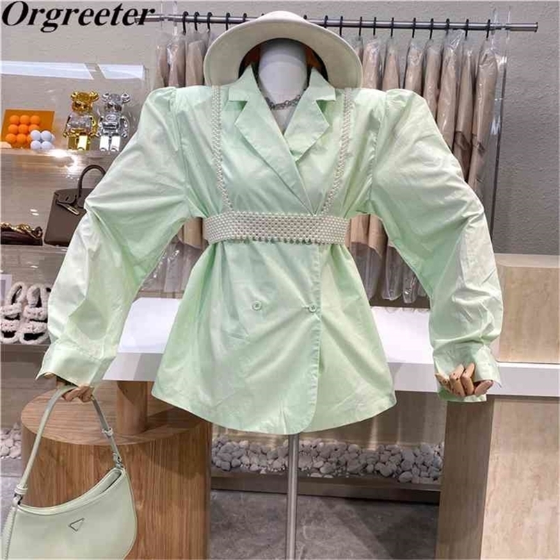 

Spring Fashion Streetwear Two piece Blouse Sets Puff sleeve Notched Long Shirt and Pearl Beading Vest Women Outfits 210602, Mint