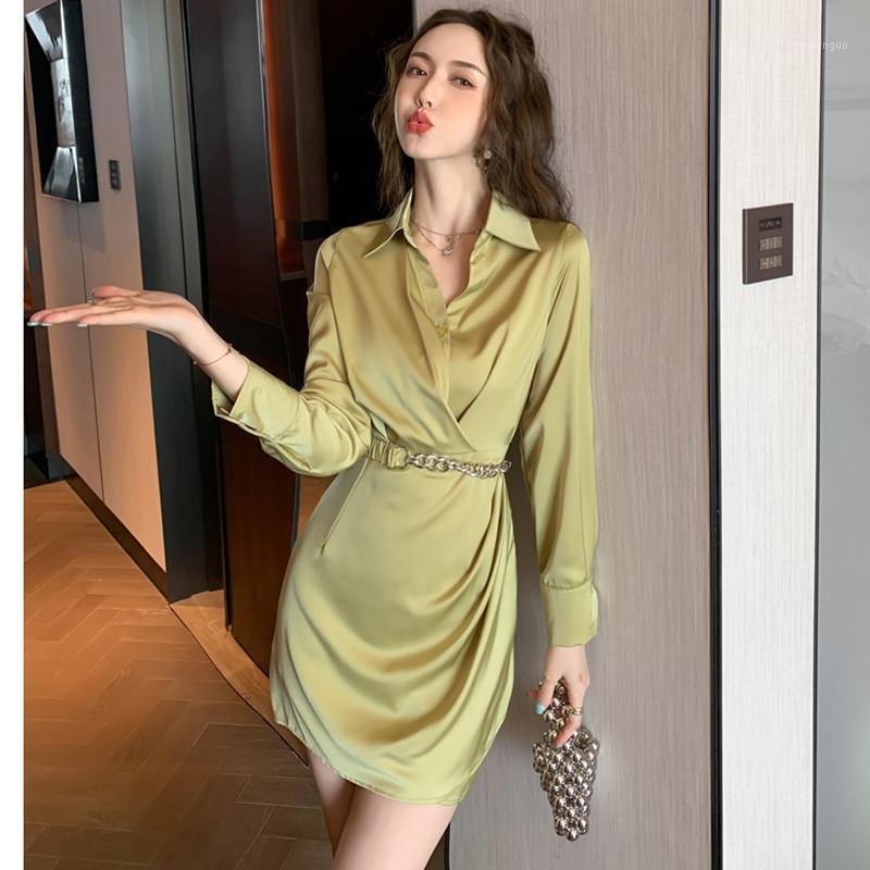 

Casual Dresses Real Spot For Autumn 2022 Temperament Satin Fashion Dress With Belt, Green