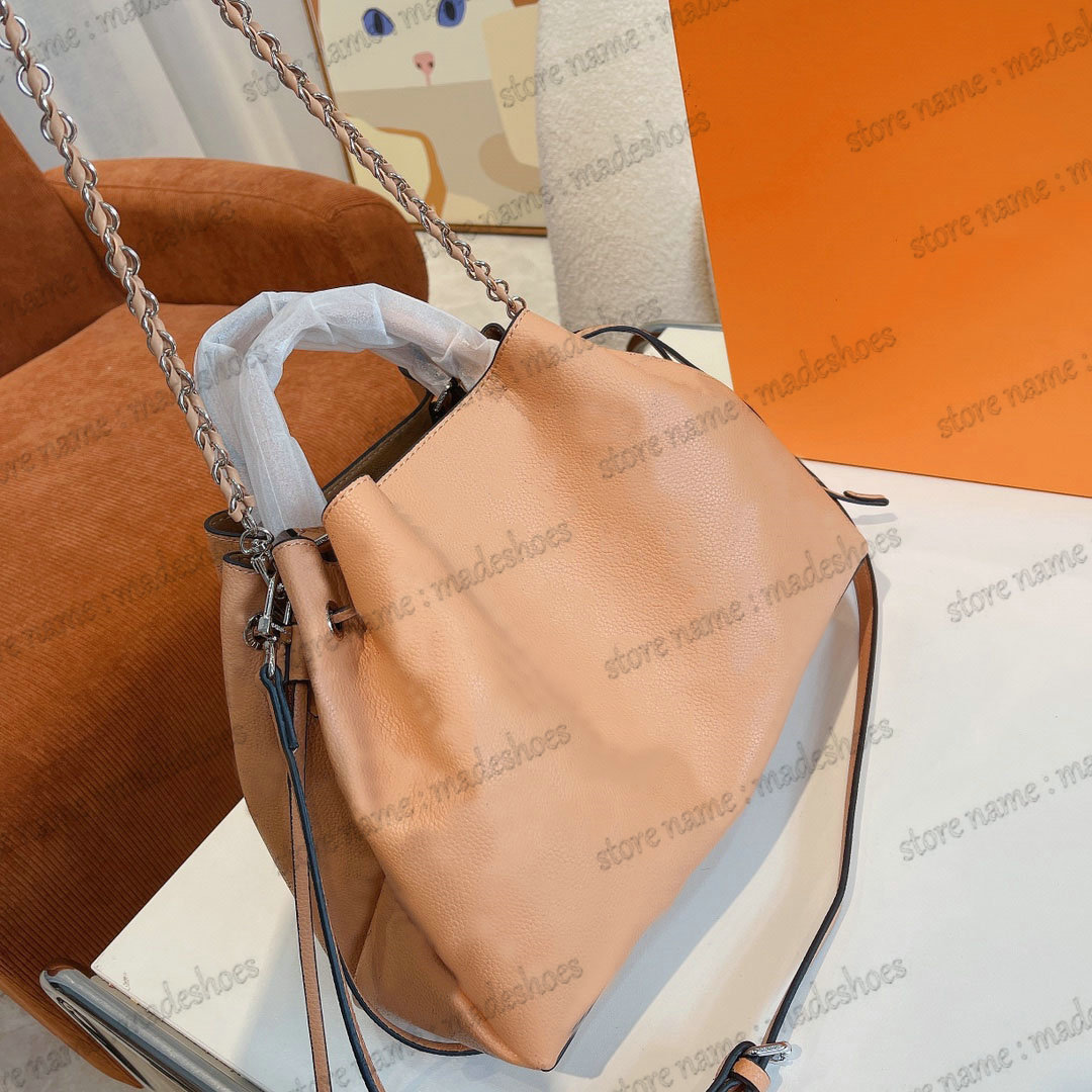 

2022 SS BELLA Tote Mahina Drawstring Bag Perforated Calf Leather Handbag Women Luxury Designer Organized Handle Bucket Bag Generous size Jewel-like Chain