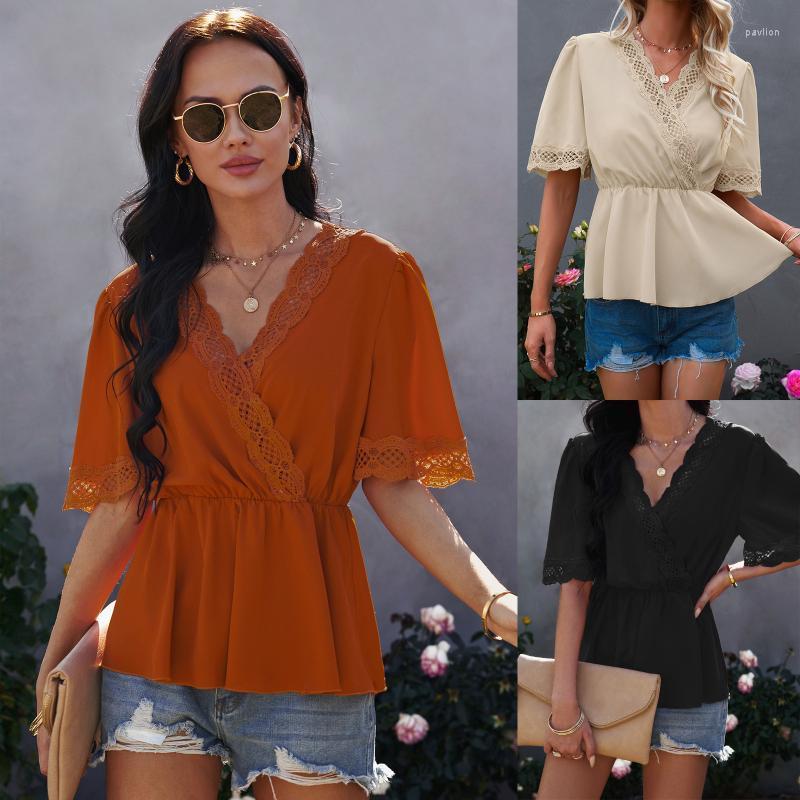 

Women' Blouses & Shirts Crop Top 2022 Summer Women T-Shirt Lace Women' V-neck Elegant Waist Closed Backless BlousesWomen, Apricot