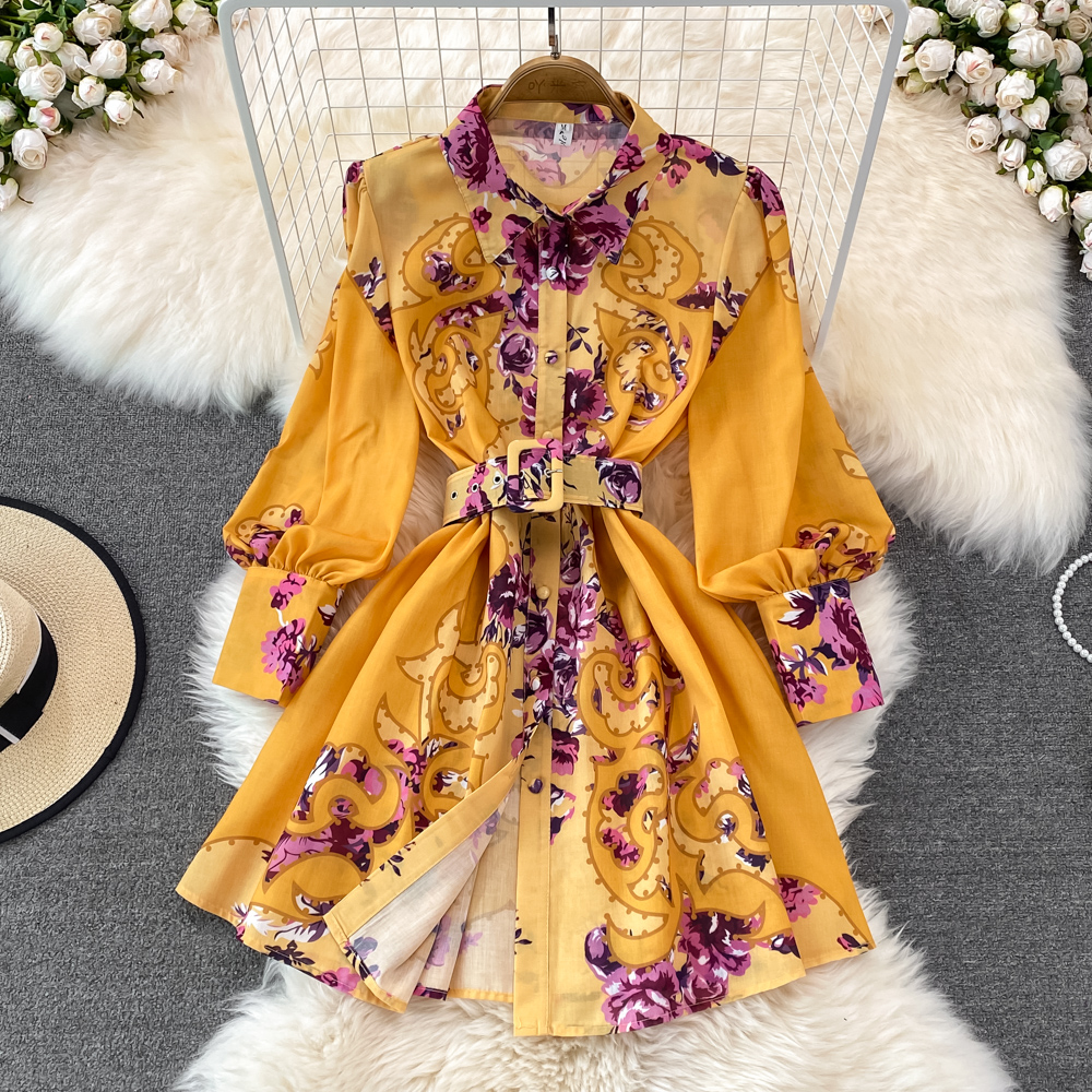 

2022 Spring Runway Boho Mini Dress Women Shirt Lepal Long Sleeve Floral Print Female Chic Belt Holiday Dress Robe, Same as picture