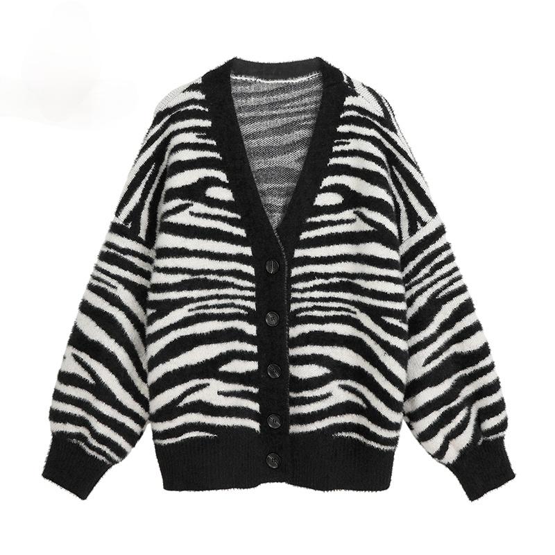 

Women's Knits & Tees Women Sweater Jacket 2022 Oversized Knitted Cardigans V-neck Loose Vintage Zebra Print Jumpers Long Sleeve Elegant Fema, Picture color