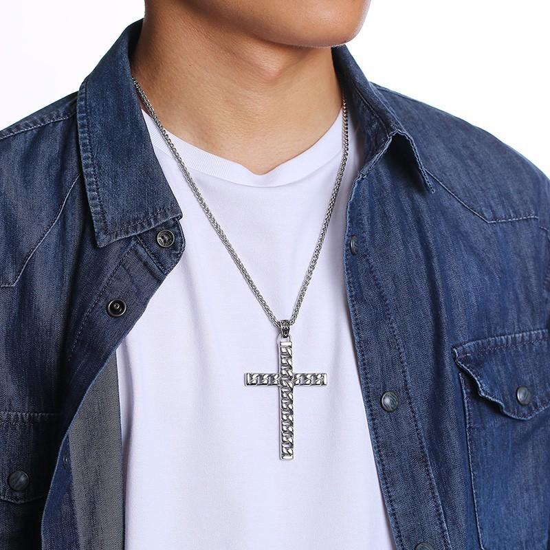 

Chokers Unique Mens Cross Chain Pendant Necklaces Silver Color Tone Stainless Steel Collar Masculino Jewelry With 60cm ChainChokers