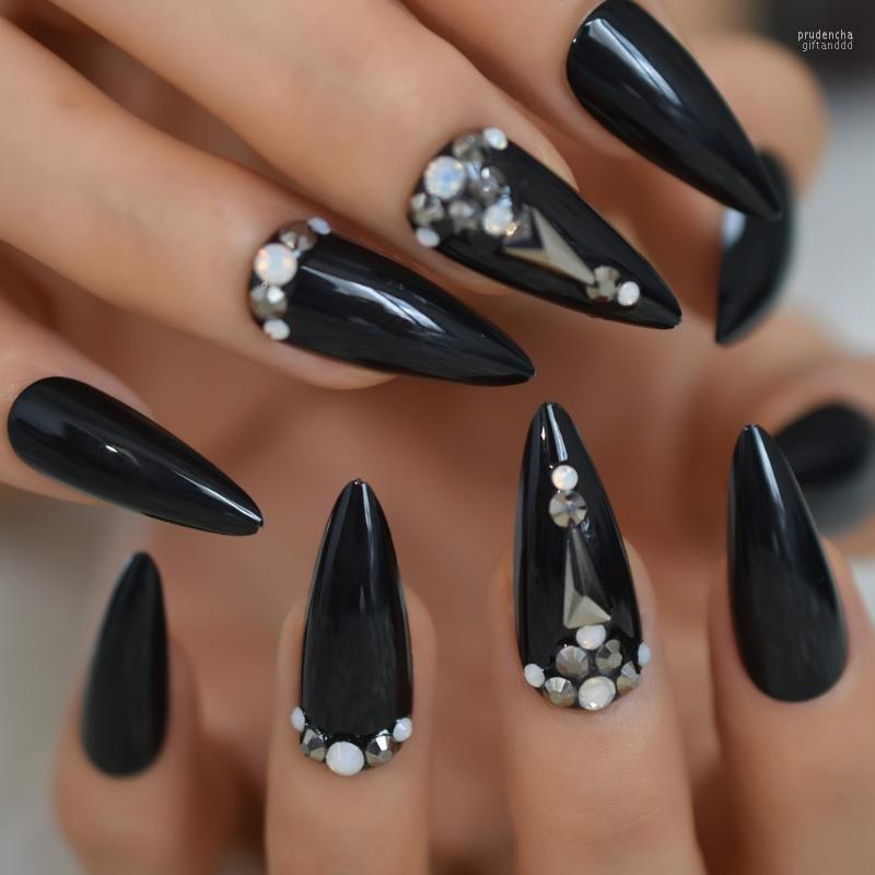

False Nails Black Design Medium Rhinestone Sharp Glossy Nail Art Full Cover Tarered Artifical Dark Decoration Prud22, L5054
