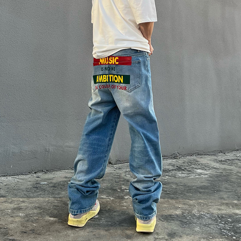

Letter Embroidery Patchwork Mens Jeans Pants Straight Pockets Washed Streetwear Loose Casual Denim Trousers