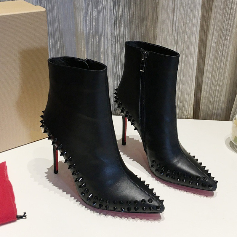 

Fashion new female Boots spring and autumn black horsehair rivet decoration short plush boots pointy stiletto booties dancing wedding leather dress Fashion shoes.