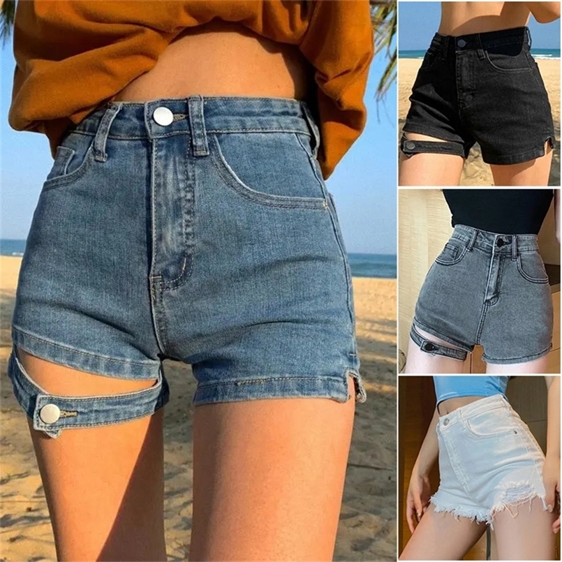 

Women's Denim Shorts Korean Style High Waist Sexy Cut Out Aesthetic Streetwear Slit Jean Shorts Ripped Womens Summer Clothing 220419, 555blue