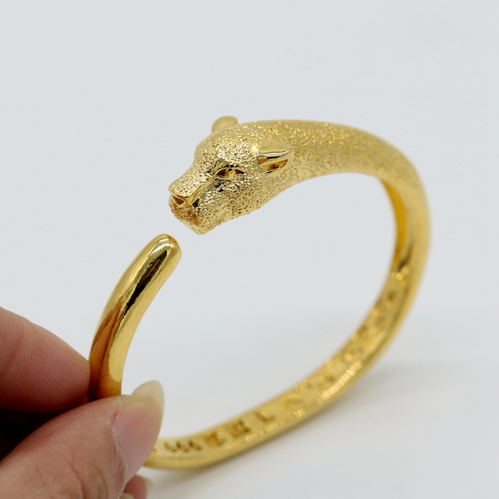 Leopard Head Women Men Cuff Bangle Solid 18k Yellow Gold Filled Statement Bracelet Classic Jewelry Gift Dia 55mm-image-760159829