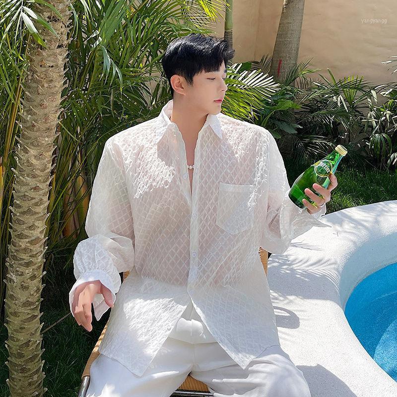 

Men's Casual Shirts Summer Male For Men Transparent Sunscreen Shirt Long-sleeved Breathable Streetwear Chemise Homme Moda Hombre 2022, White